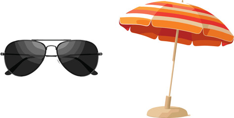 Summer Beach Vacation Vector Set with Aviator Sunglasses and Striped Parasol Beach Umbrella for Seasonal Travel Resort Promotion and Holiday Graphic Designs © Mdsumon