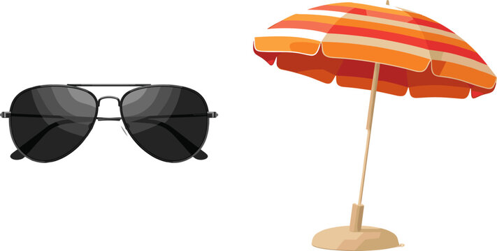 Summer Beach Vacation Vector Set with Aviator Sunglasses and Striped Parasol Beach Umbrella for Seasonal Travel Resort Promotion and Holiday Graphic Designs