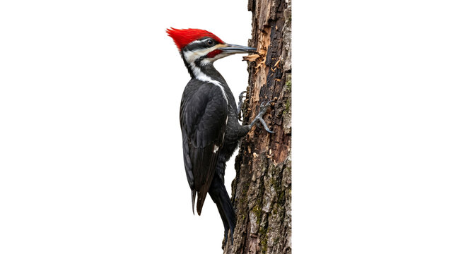 Pileated woodpecker clinging to tree bark on transparent background