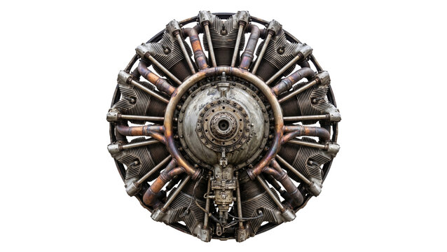 Radial aircraft engine with cylinders detailed metalwork on transparent background