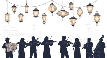 Silhouetted musical ensemble performing under a string of decorative hanging lanterns. © Alya