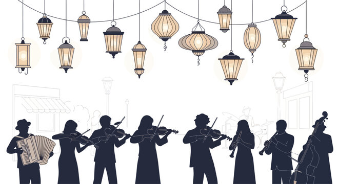 Silhouetted musical ensemble performing under a string of decorative hanging lanterns.