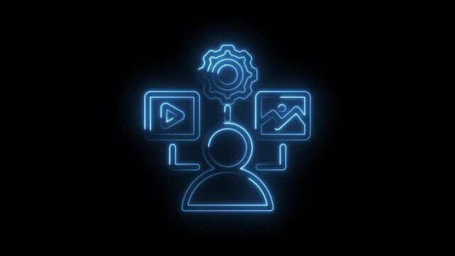 Digital content management system user interface concept with glowing neon icons for video