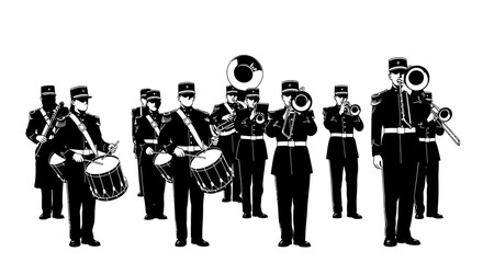 A group of marching band musicians in uniform playing various instruments. © Alya