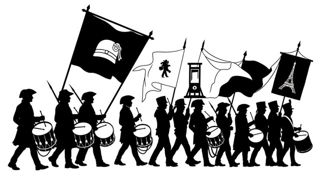 A silhouette illustration of a marching band carrying historical and symbolic French revolutionary flags.