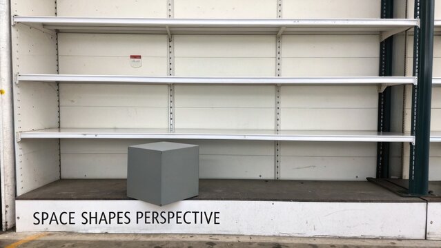 Minimalist shelving unit with empty space showcasing geometric shapes and depth perception in a modern environment