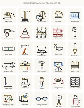 A professional set of 30 construction icons including crane, excavator, hard hat, cement mixer, tools, bricks, and blueprint elements. Perfect for construction, engineering, and architecture projects.