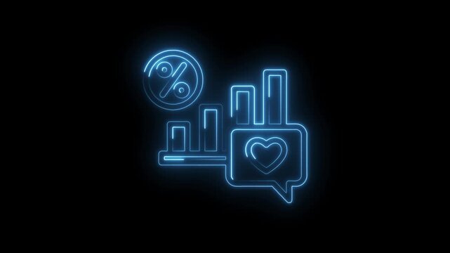 Blue neon glowing graph bar chart with percentage sign and heart icon in speech bubble on black