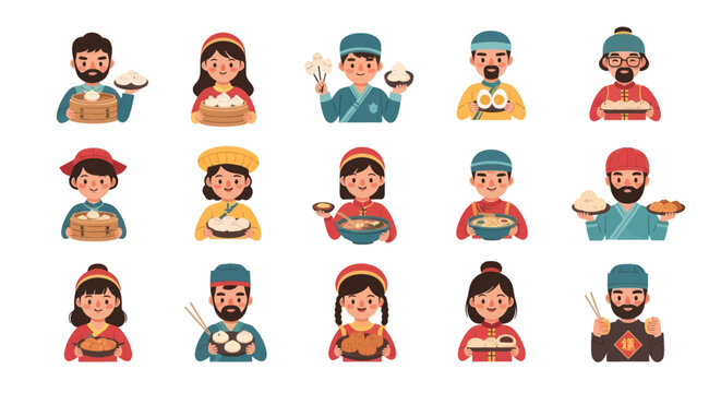 Diverse Flat Cartoon Characters Serving and Enjoying Traditional Asian Food, Dim Sum, and Noodles Vector Avatars