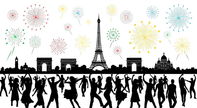 Silhouetted crowd of people dancing and celebrating in front of a city skyline.