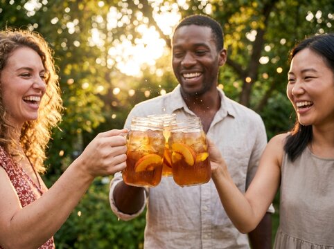 Diverse Friends Cheering and Toasting with Refreshing Iced Tea at Summer Garden Party