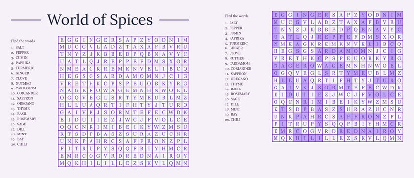 Word search puzzle featuring various spices on a purple background