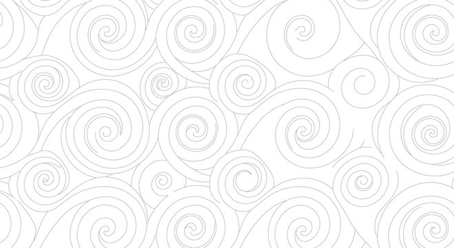 Minimalist abstract pattern featuring black line art swirls and spiral motifs on a plain white background. Elegant repeating wavy design inspired by traditional Asian cloud and wave art.