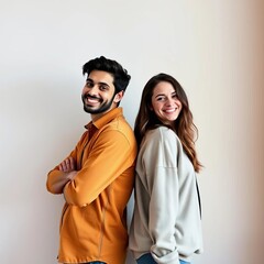 Fototapeta premium Stand smiling friends back-to-back against wall, cheerful, calm