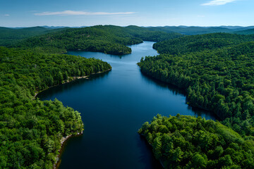 Fototapeta premium Aerial shot of a serene lake nestled between lush, green, forested hills under a bright, clear, summer sky