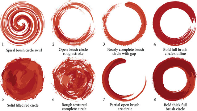 Red brush stroke circle collection with various painted artistic swirls and solid round shapes on grey grid.