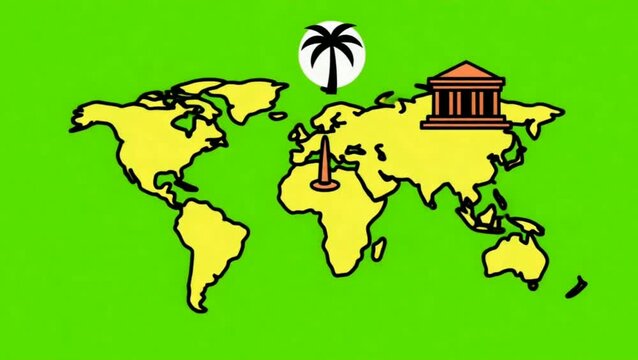 Animated World Map Reveals Travel Icons - Vector Motion Graphic on Green Screen