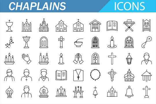 Faith and worship outline icon collection with sacred buildings and prayer symbols