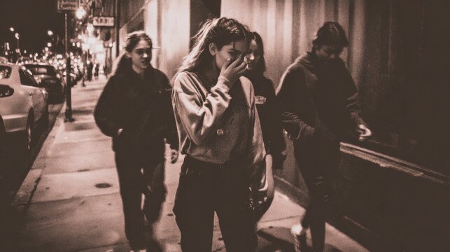 A gritty 90s style street photo of a young woman walking at night with a group, vintage flash photography look, the girl in front is crying subtly but trying to hold it together, raw and emotional atm