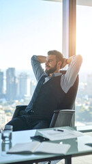 Naklejka premium Successful businessman relaxes in a highrise office, looking out at a sunny city skyline. Ideal for themes of leadership, career success, wealth, and executive worklife balance.