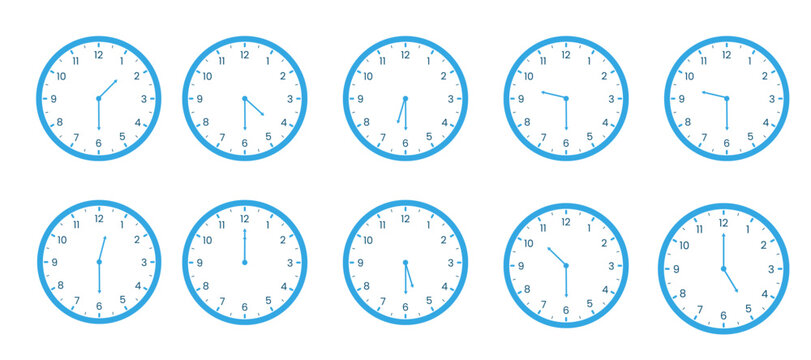 Minimal Light Blue Clock Faces with Simple Geometric Pointers for Web User Interface, App Dashboard Layouts, and Multiple Time Zone Tracking Displays