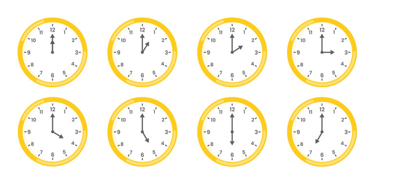 ​Classic analog wall clocks with bold numbers, school classroom time teaching clock vector illustrations, standard round dial icons showing different hours