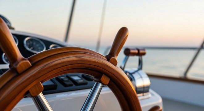 Close-up of a polished wooden ship's wheel and throttle controls on a luxury yacht at sunset, guiding the vessel.