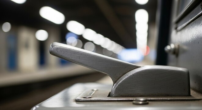 Close-up of a vintage train control lever with blurred station lights in the background, representing the mechanics of travel and operation.