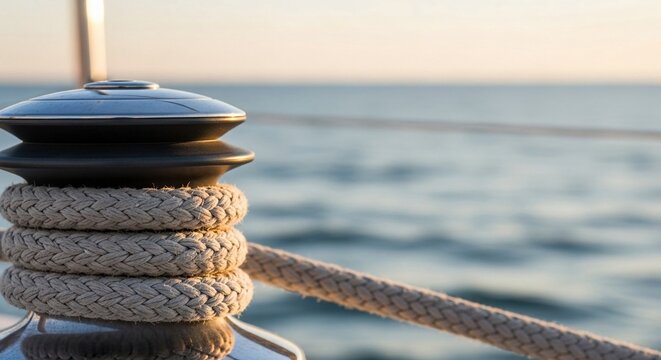 Close-up of a thick yacht rope coiled on a winch against the backdrop of the calm sea and horizon