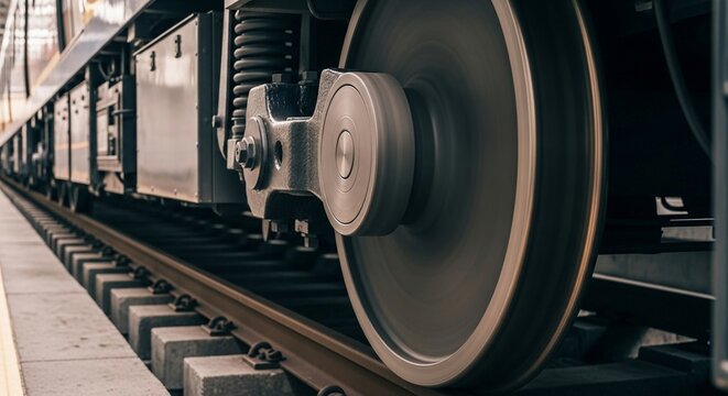 Close-up view of a spinning train wheel on railroad tracks, showcasing the power of urban transportation and its industrial details.