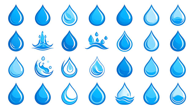 Collection of pixel art water drop icons in various forms, clear liquid splashes, and wavy water elements