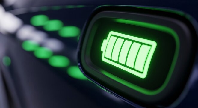 Electric vehicle battery indicator glowing green showing full charge status in a modern automotive system