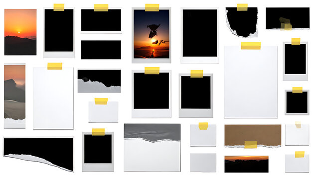Collection of assorted empty polaroid frames, torn paper scraps, and sunset landscape photos, taped to a light gray background.