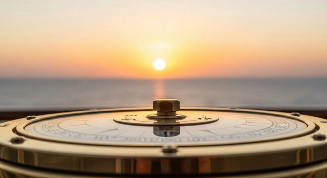 Golden compass rests on a ship's deck overlooking a serene ocean sunset, symbolizing guidance for nautical adventures.