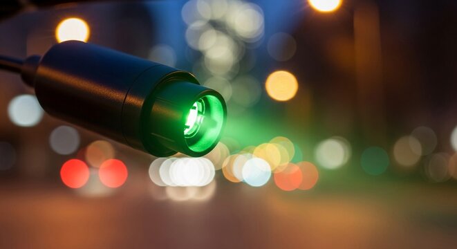 Green laser pointer emitting a bright beam with city lights in soft bokeh background
