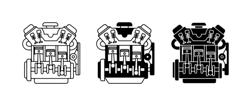 Internal Combustion Engine Icons, Mechanical V-Engine Vector Graphics, Automotive Power Unit Set