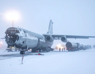Fototapeta premium A damaged heavy cargo airplane rests on a frozen runway during an extreme arctic blizzard, surrounded by ground service vehicles. Perfect for polar aviation and survival concepts.