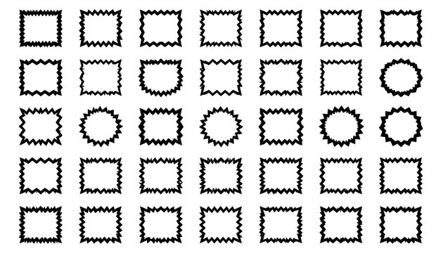 Collection of jagged hand-drawn square and circular borders, irregular edges for unique design elements, isolated on white background