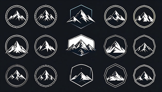 Collection of stylized mountain peak logos and emblems with geometric shapes and circular borders, representing adventure and nature exploration