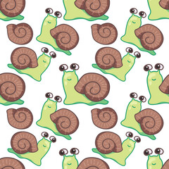 Cute green snail seamless pattern on white background, sweet little snails with brown shells vector for wrapping paper and kids textile design © Nathapong