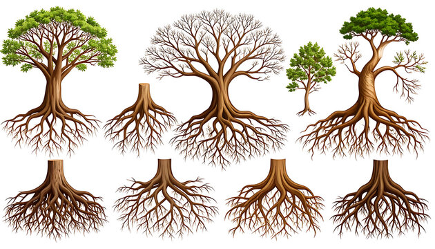 Collection of stylized trees with visible root systems, pixel art style, isolated on white