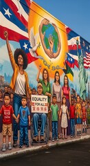 Obraz premium Colorful mural depicting diverse people standing for equality and unity.