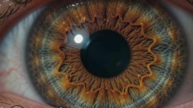 Extreme macro portrait of a human eye iris detailing the intricate texture and pupil reflex contraction