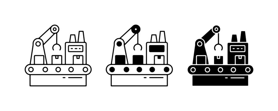 Robotic Arm Assembly Line Icons, Industrial Automation, Manufacturing Process Icons