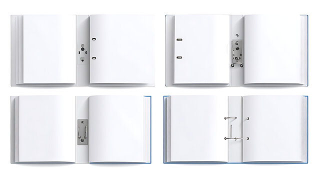 Collection of open blank binders, document organizers, and ring folders in various states of openness and page thickness, isolated on white