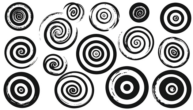 collection of black and white concentric spiral circles and targets, abstract organic shapes, primitive tribal patterns