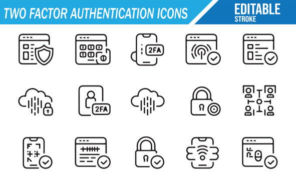 Minimal two-factor authentication icon set with login, verification, and security symbols