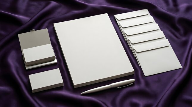 Collection of white and gray notebooks on purple fabric.