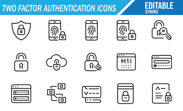 Collection of two-factor authentication icons including login security, verification codes, device authentication, fingerprint, cloud protection, and cybersecurity symbols in minimal editable line art
