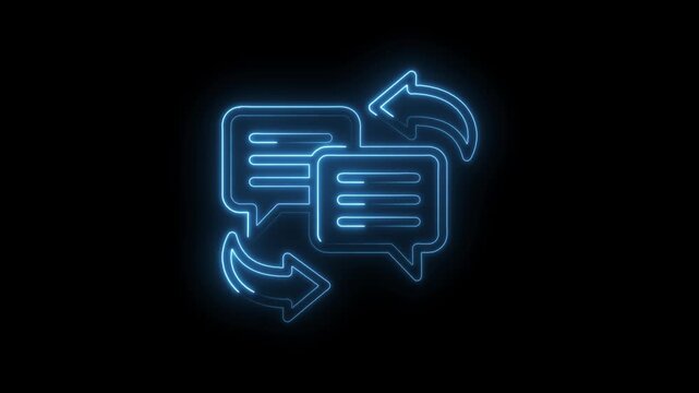 Glowing blue neon chat bubbles with circular arrows animation symbolizing communication icon